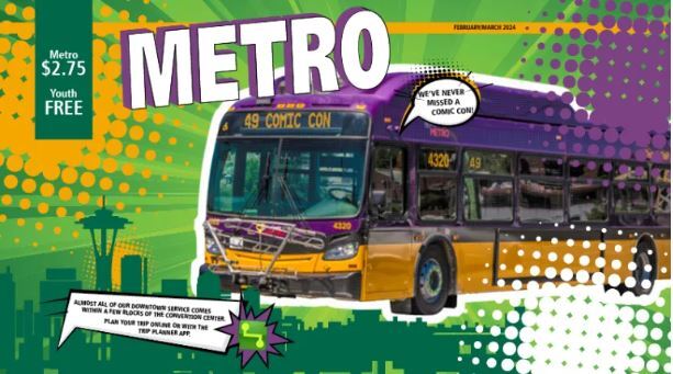 Purple Metro bus on green and yellow comic book stlye  "Text: Metro and $2.75  and Youth FREE"