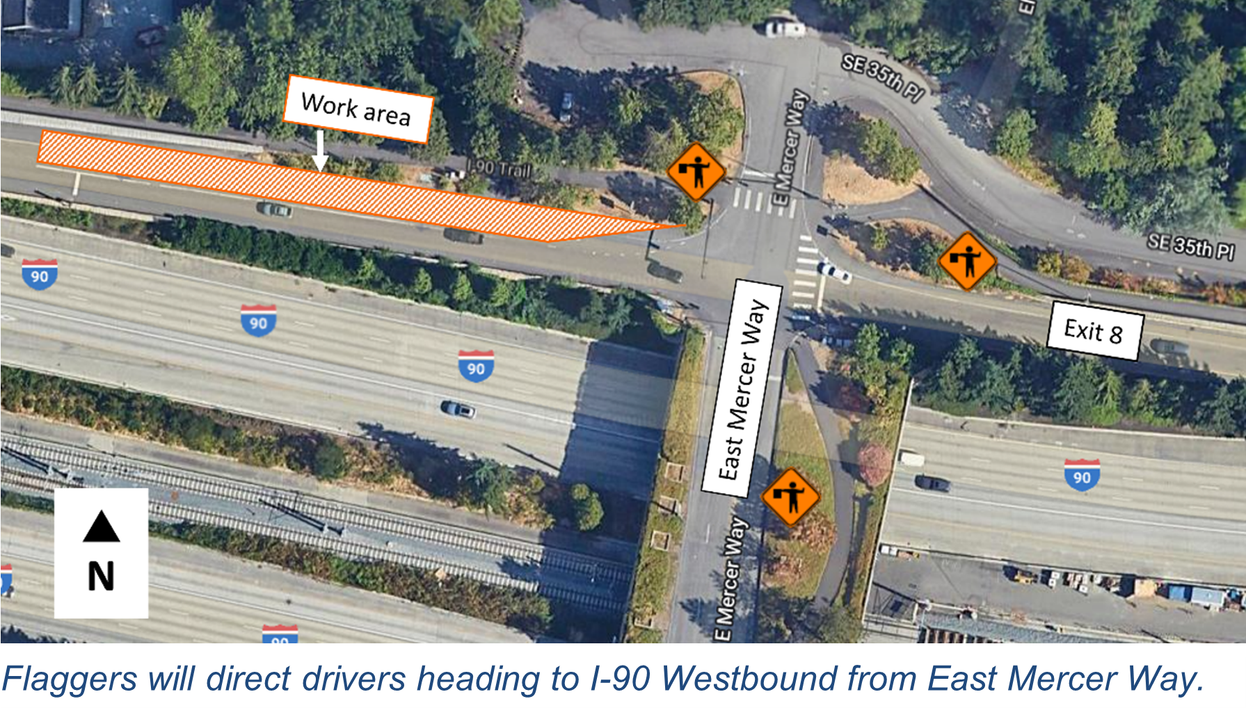 Flaggers will direct drivers heading to I-90 Westbound from East Mercer Way