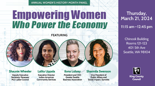 Flyer for Women's History Month panel featuring Ilona Lohrey, Sharmila Swenson, Lalita Uppala, and Shaunie Wheeler-James