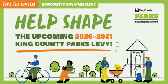 an illustration of people in parks with text that reads "help shape the 2026-2031 King County Parks Levy!"