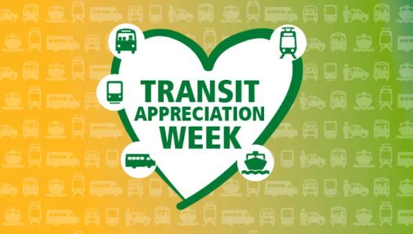 green and yellow background with a heart surrounded in icons depicting buses, water taxi, street car and word Transit Appreciation Week