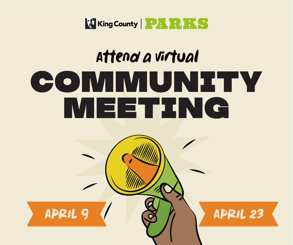 An illustration of a hand holding a megaphone with text that reads "attend a virtual community meeting April 9, April 23"