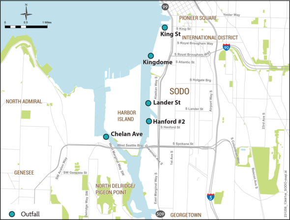 A map of SODO shows 5 outfalls. From north to south, the outfalls are named King Street, Kingdome, Lander Street, Hanford #2, and Chelan Avenue.