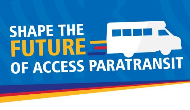 text: Shape the future of Access Paratransit with outline of a paratransit bus