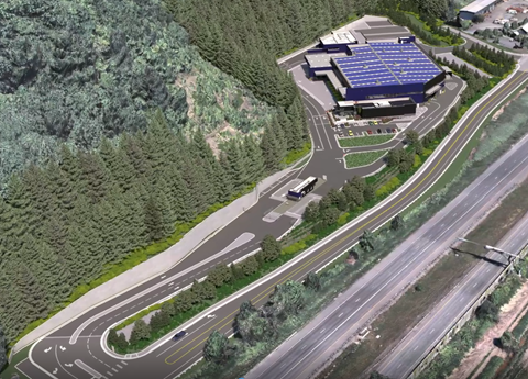 Aerial rendering of new station showing building set between trees and the highway