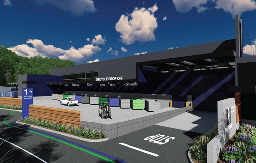 Rendering of new station recycling drop-off area with truck pulling up to large blue, green and grey recycling bins