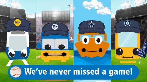 Avatars of street car, bus, water taxi and link light rail with Mariners baseball hates