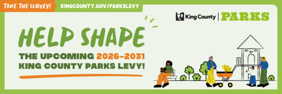 an illustration of people in parks with text that reads "help shape the 2026-2031 King County Parks Levy!"