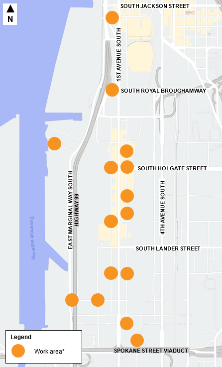 Map of survey areas on First Avenue and East Marginal Way in SODO