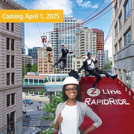 a photoshop image of a zip like through downtown Seattle "Coming April1 2025