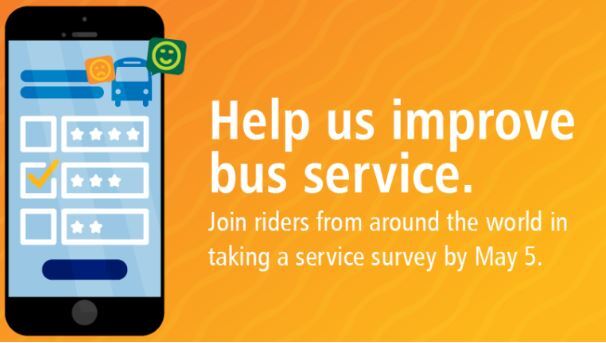 image of phone Orange background and text "Help us improve bus service Join riders from around the world in taking service survey by May 5