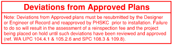 A stamp in red ink that reads Deviation from Approved Plans with details underneath the title.
