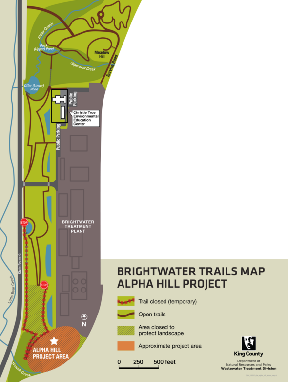 Brightwater trails map showing trail closure in south trails area near Alpha Hill.