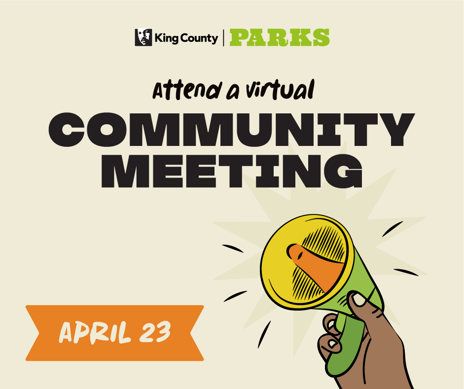 An illustration of a hand holding a megaphone with text that reads "attend a virtual community meeting April 23"