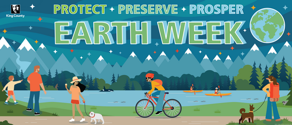 Earth Week banner with an image with a blue background showing a nature scene with the words, protect, preserve, prosper