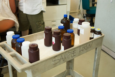 Photo of a cart with some white and brown bottles on it. The cart says Sample Login on it. 