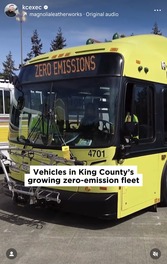 A screenshot of a video of an electric bus and the text "vehicles in King County's zero-emission fleet."