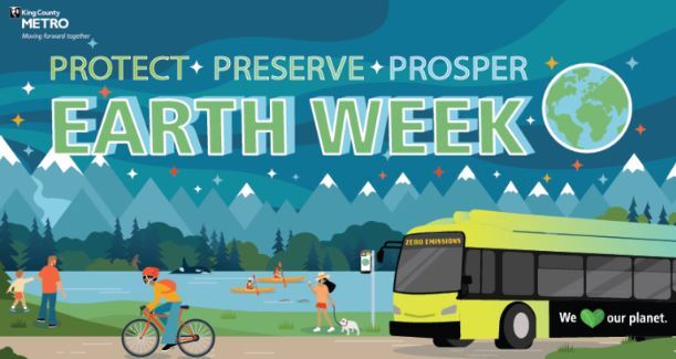 cartoon scene of people enjoying outdoors and Metro bus. Test "Protect, Preserve, Prosper. Earth Week" and metro logo