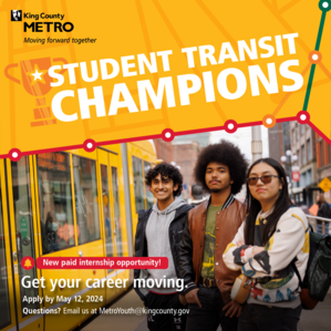 Flyer for Student Transit Champions, new paid internship opportunity. Graphic includes photo of three young interns in front of streetcar