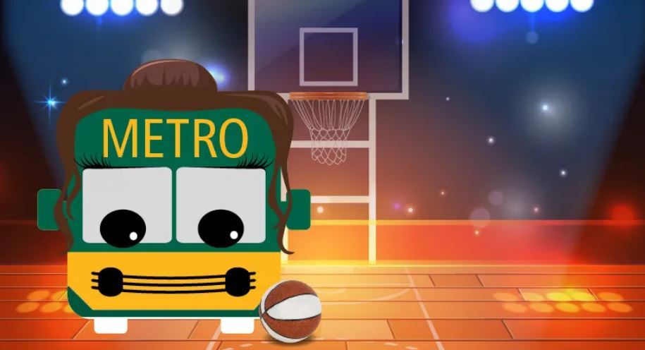 Graphic shows Metro bus avatar styled as Seattle Storm basketball player on a backlit court