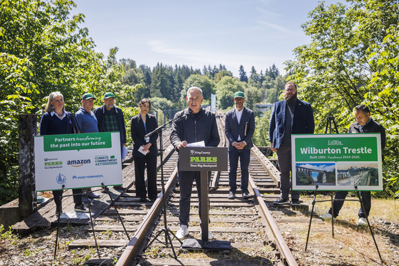 Executive Constantine delivers remarks on the Wilburton Trestle in Bellevue.