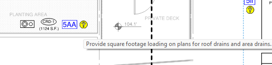 A clip from an example plan with a pop-up box providing more information about Plumbing Design guidance item 5AA in a plan sheet.