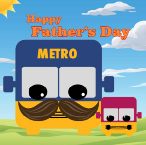 Image of big cartoon bus with mustache and little bus outside with the sunshining text "Happy Father's Day"