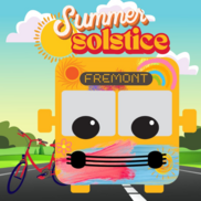 Cartoon bus next to a bike, the destination says Fremont and it is covered in colorful paint and text says "Summer Solstice"