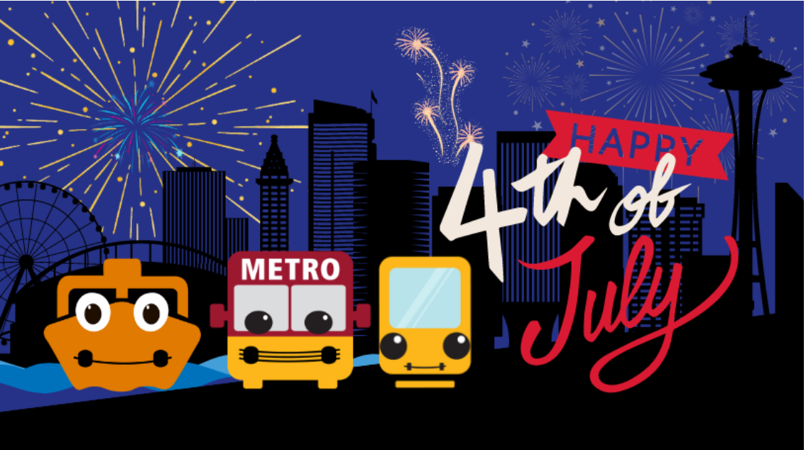 water taxi red bus and streetcar cartoons with Seattle skyline and fireworks text: Happy 4th of July"