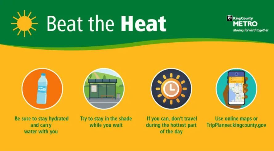 Metro's Beat the Heat graphic showing reminders to drink water, stay in the shade, avoid hot travel and use travel tools