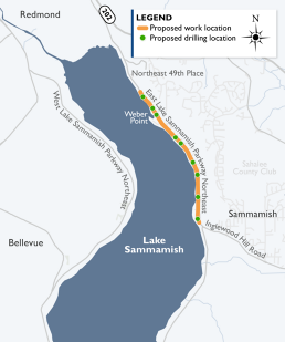 Map of proposed drilling locations along East Lake Sammamish Parkway Northeast