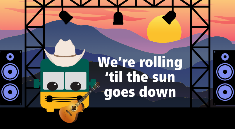 cartoon metro bus with guitar and cowboy hat standing on stage