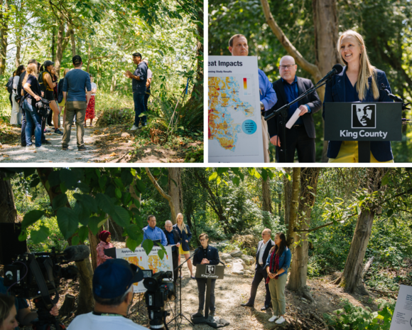 A photo collage of government officials and community leaders delivering remarks at a park.