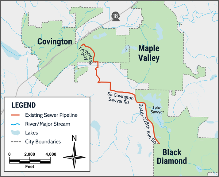 The existing sewer pipeline runs along Timberlane Way, Southeast Covington Sawyer Road, and 224th-228th Avenue Southeast.