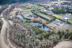 Aerial image of a river and small town