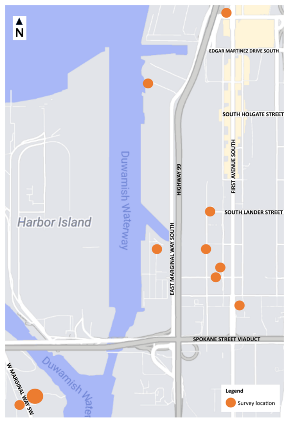 Illustrated map of ten survey locations in the SODO neighborhood