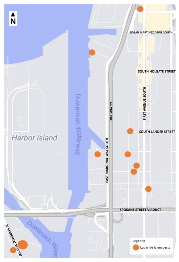 Mapa de diez lugares de encuesta en el vecindario SODO