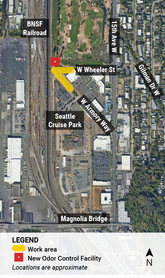 Map shows approximate location of work area on Armory Way and W Wheeler St.