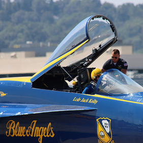 Blue Angels pilot and crew chief prepare for takeoff