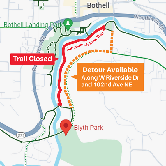 A map of the SRT closure with detour along 102nd AVE 