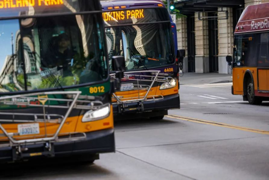 Multiple Metro buses running in service on a downtown roadway