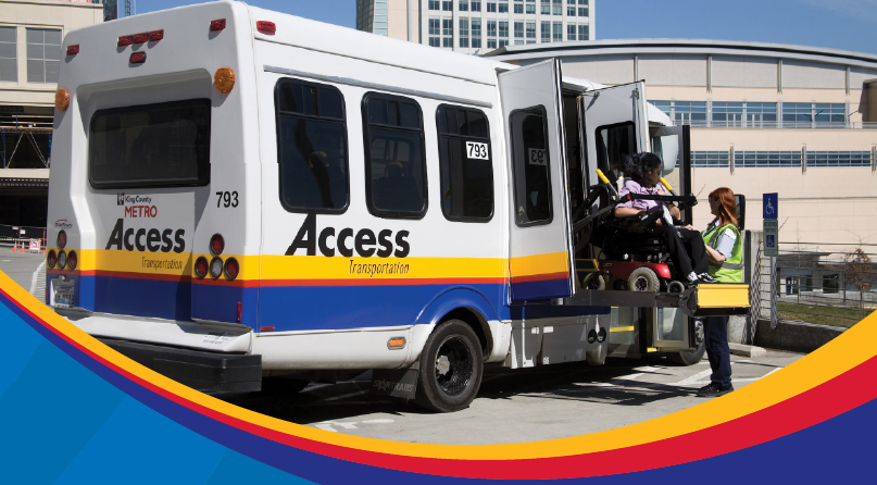 image of Access bus unloading a rider in a wheelchair with employee helping