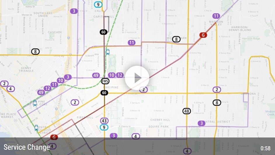 A screenshot of a video about bus service changes, showing a map of some of the new routes