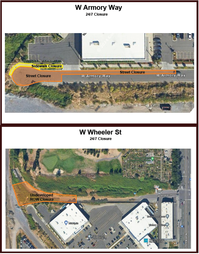 A map displaying the closure at the north end of West Armory Way and the west end of West Wheeler Street.