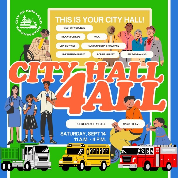 A graphic showing a variety of cartoon people, municipal vehicles, and descriptions of the activities at City Hall for All