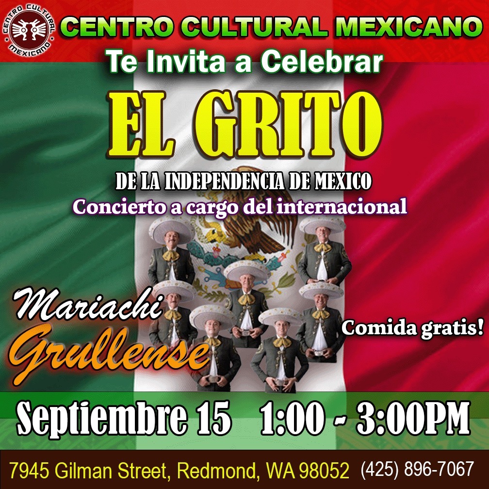 A flyer for El Grito with mariachi against the Mexican flag and information about the event