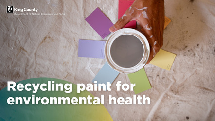 Recycling paint for environmental health and a picture of a person holding a paint can with pastel colored paint swatches over a painting drop. 