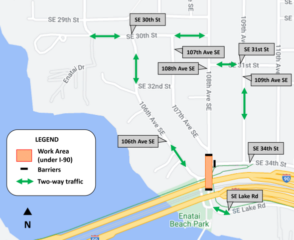 Traffic detour map during intersection closure at 108th Ave S.E. and S.E. 34th St.