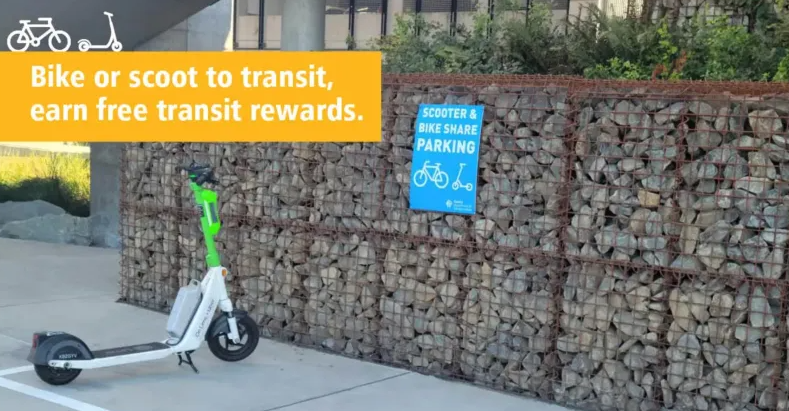 "Bike or scoot to transit earn free transit rewards" and image of lime scooter