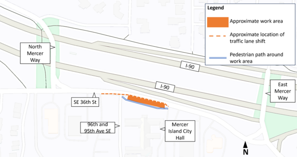 Work area on SE 36th St in front of City Hall will have lane shifts.